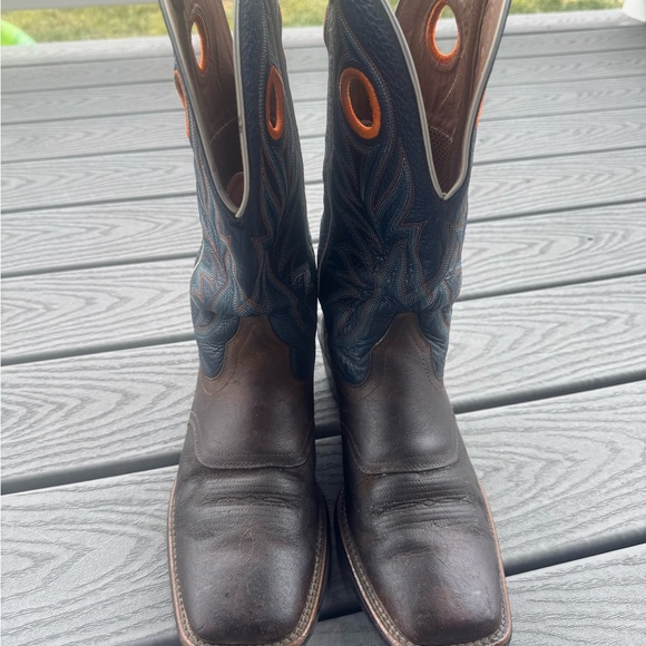Ariat Men’s Western Boots 10D Brown Blue Square Toe Leather Cowboy Boots - Picture 4 of 6